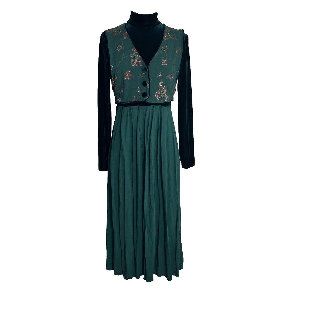 Vtg JBS Dress Green Velvet Turtle Neck Faux Vest Modest Prim See Measurements